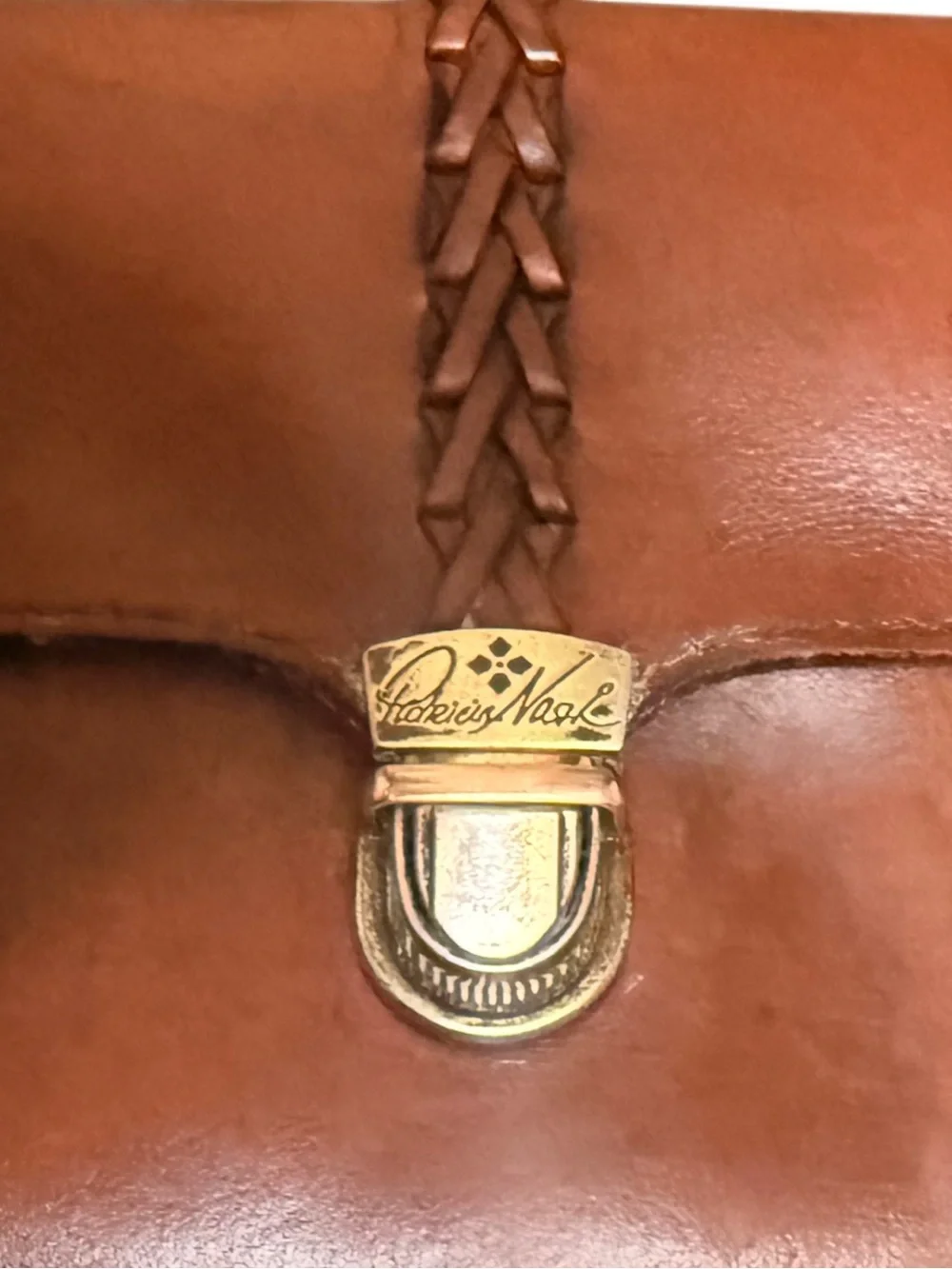 Patricia Nash Brown Leather Crossbody Bag with Gold Clasp and Braided Detail
